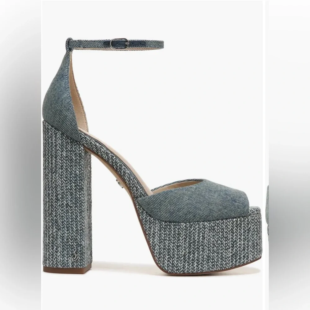 Woven Denim Platform Ankle-Strap Sandal - Blue